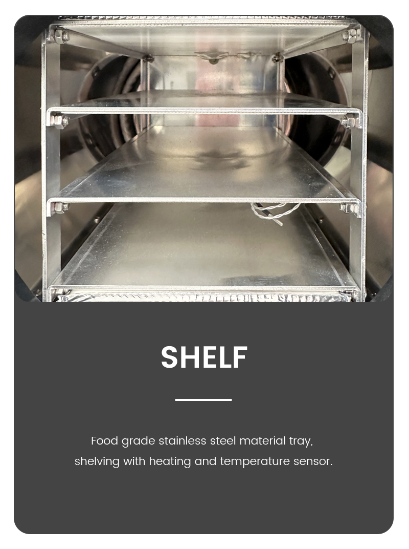Geliss freeze dryer interior shelf detail infographic showing a multi-tier food-grade stainless steel material tray assembly and rack shelving structure equipped with heating and temperature sensors